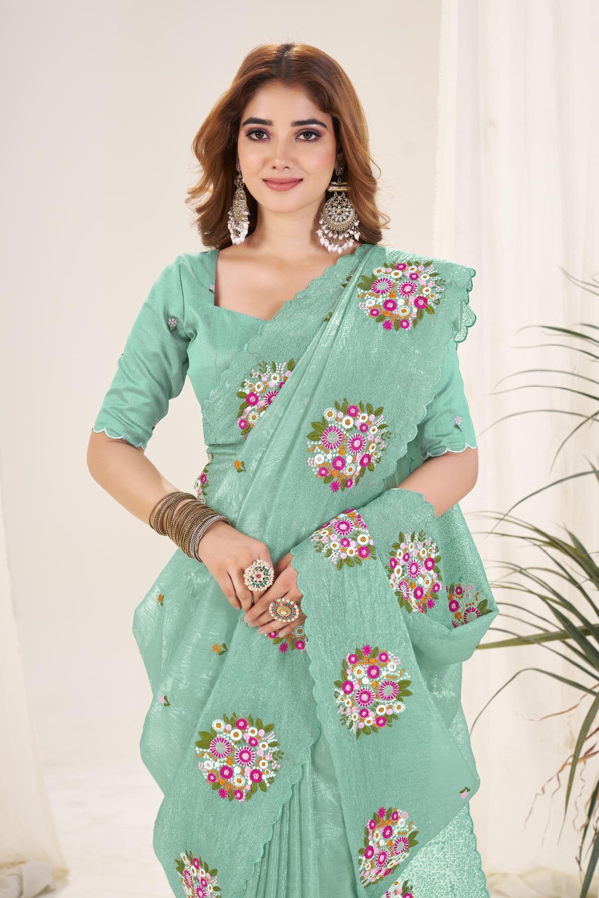 gold crush saree with multicolor thread work cutwork border and mono diamond silk blouse