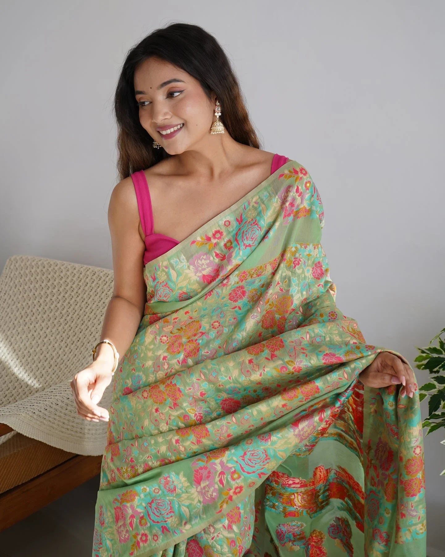 WeaveSaree Banarasi Soft Silk Saree with Kashmiri Multicolor Thread & Pure Zari Weaving – 5.5 Meters