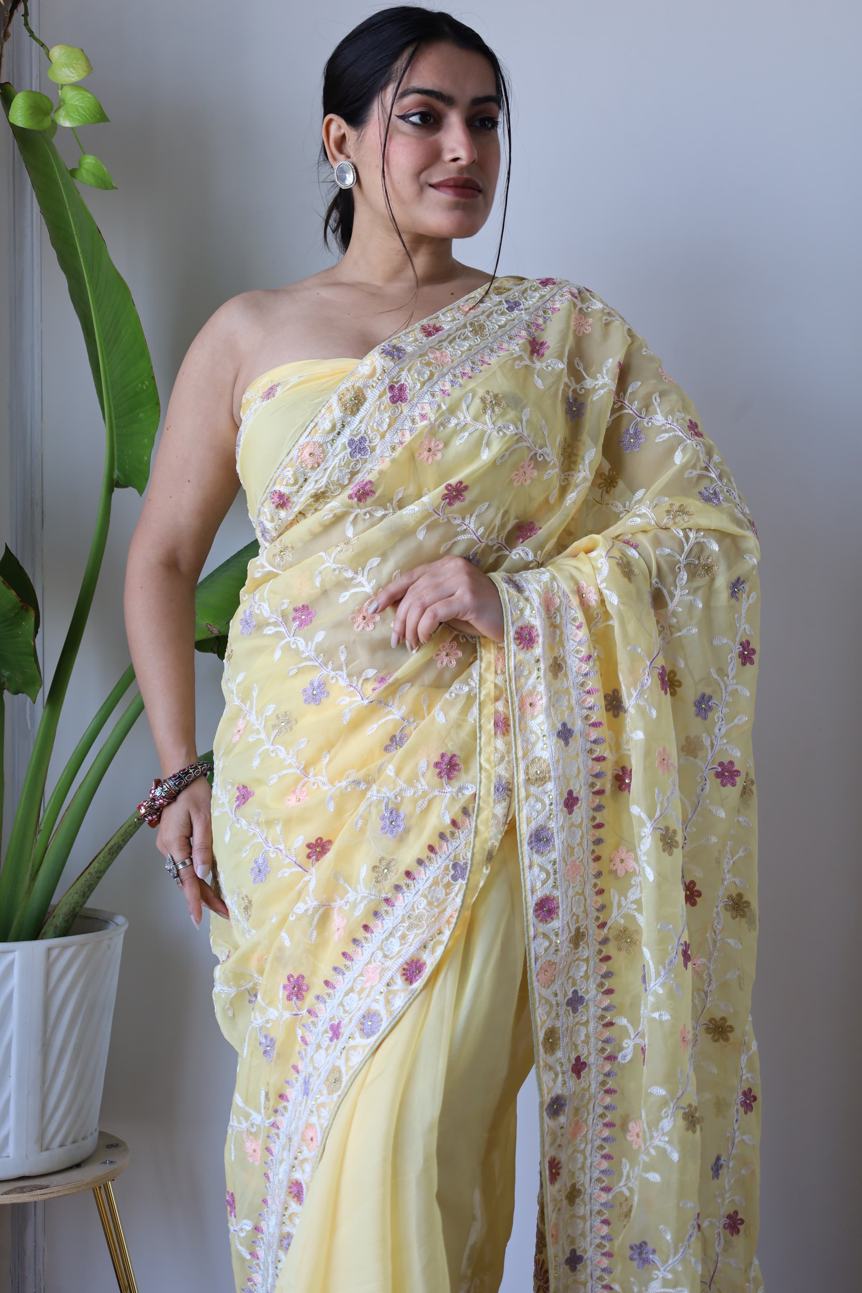 heavy butterfly net saree with multicolor aari embroidery stone work