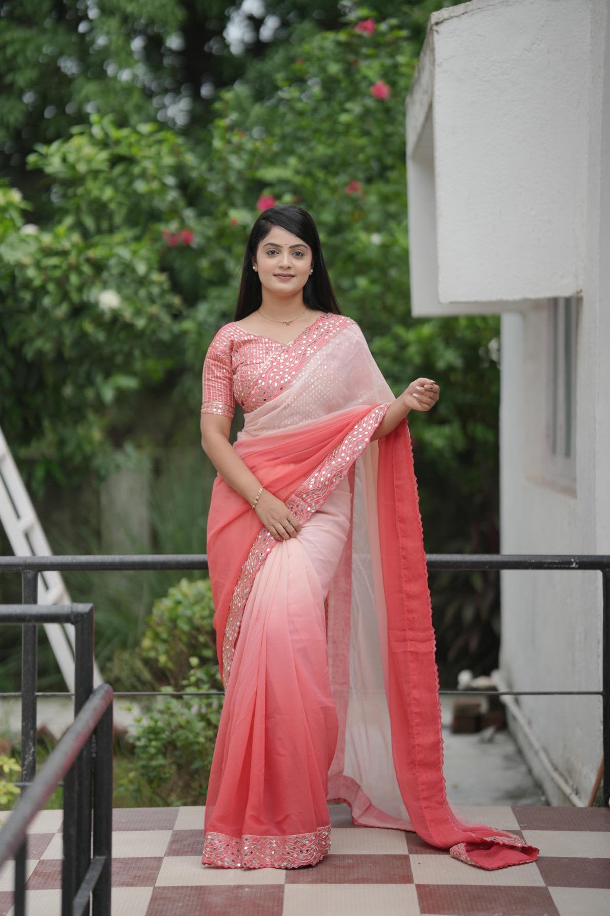 heavy faux georgette shaded saree with mirror work lace border and embroidered mono diamond silk blouse