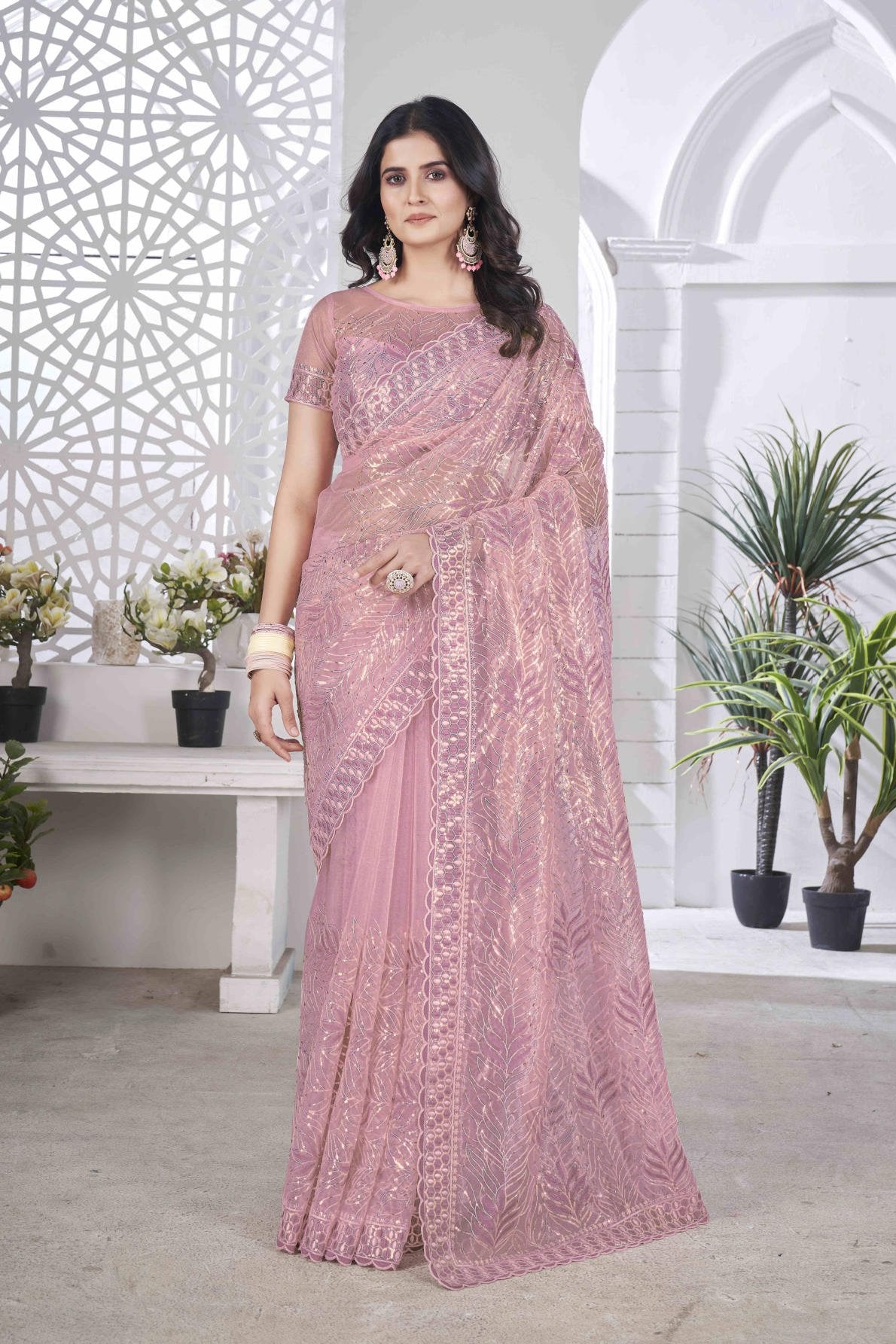 pure tissue net saree with sequins pite work multi colour embroidery and cutwork border