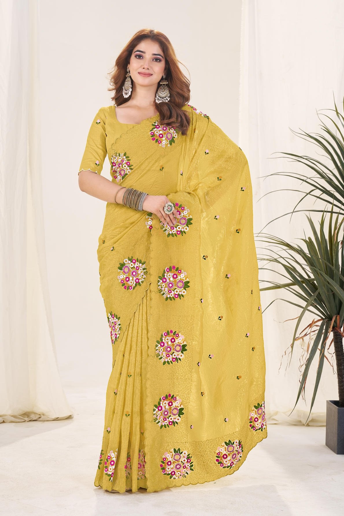 gold crush saree with multicolor thread work cutwork border and mono diamond silk blouse