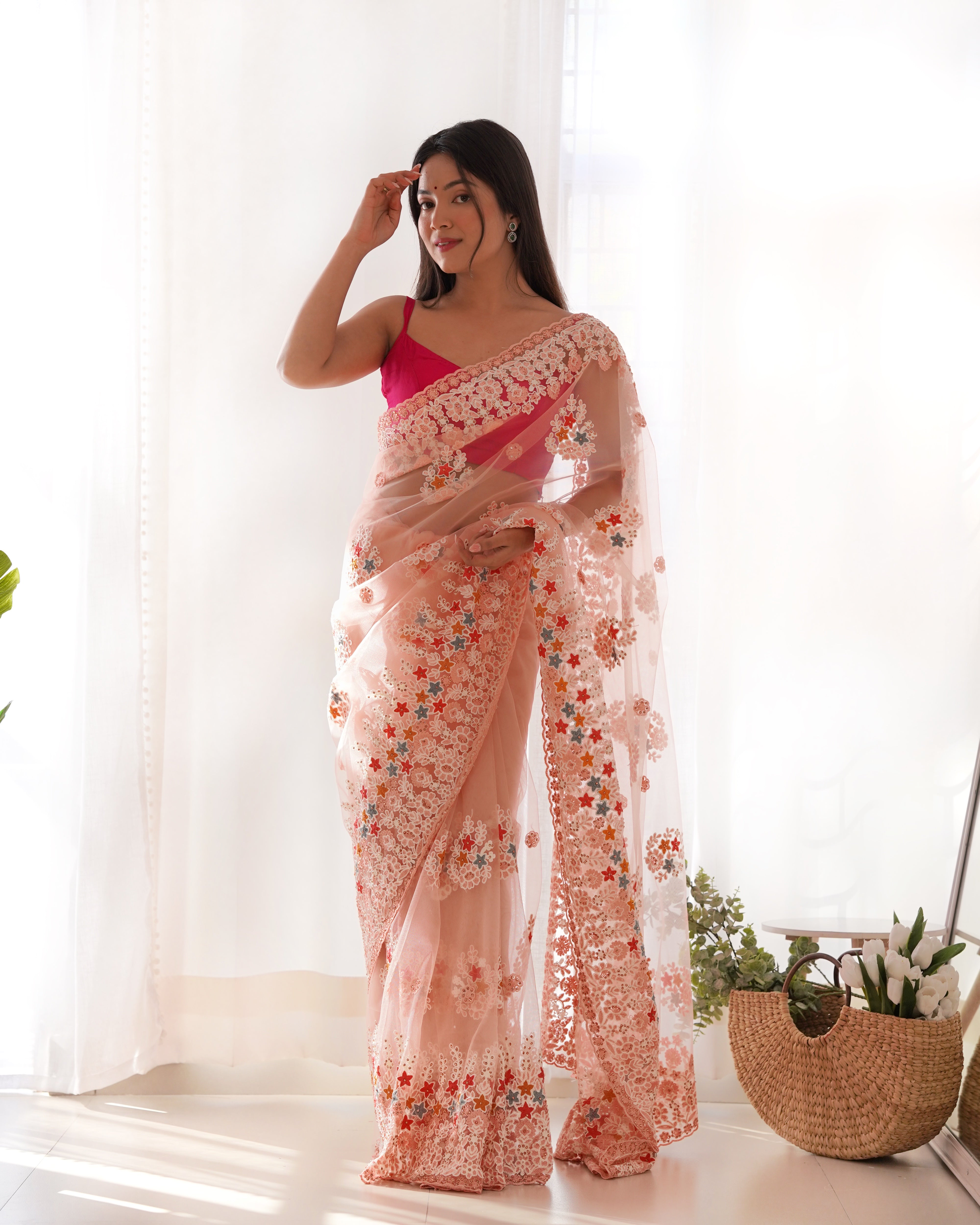 Heavy Butterfly Net Saree With Multicolor Thread Aari Embroidery And Stone Work