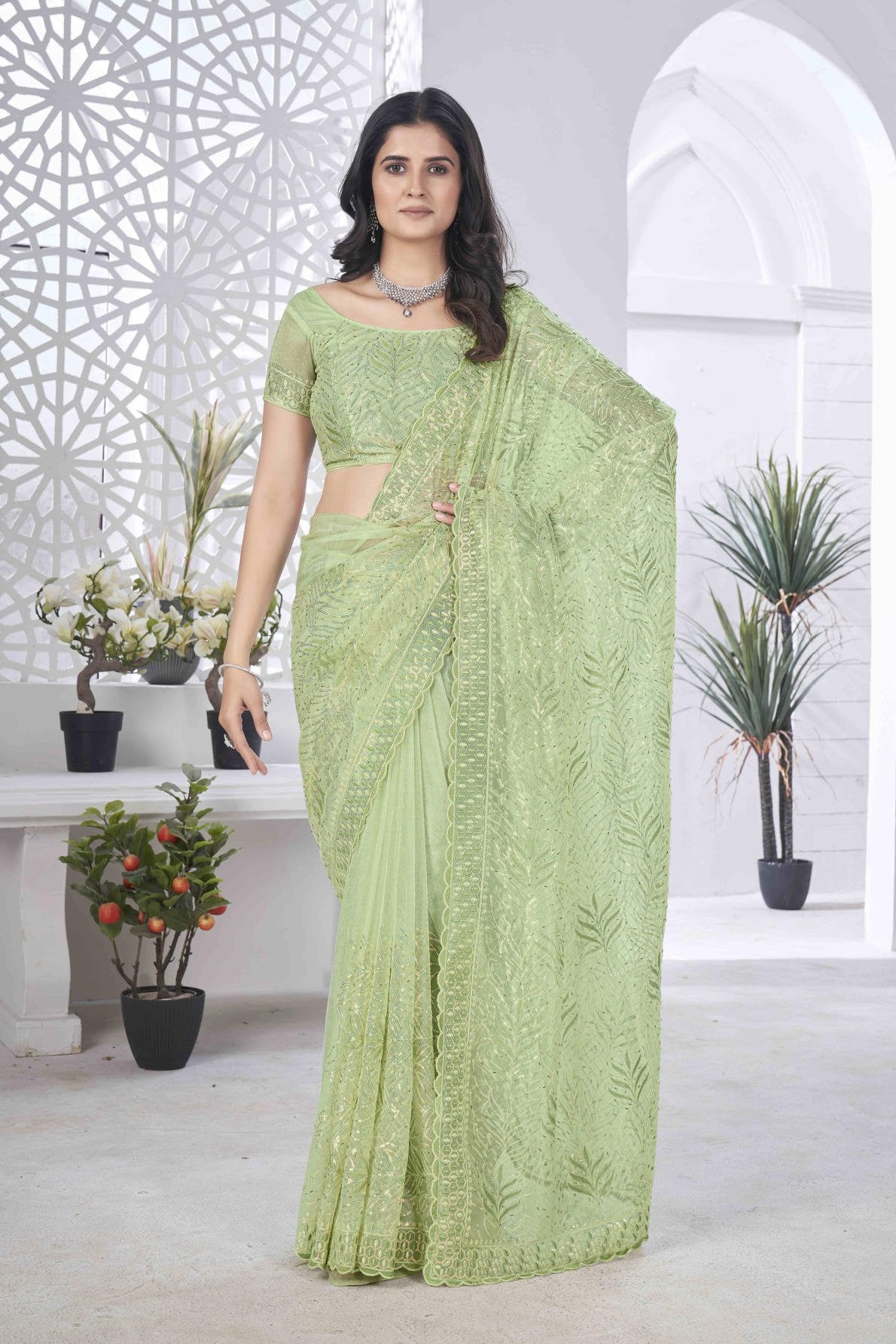 pure tissue net saree with sequins pite work multi colour embroidery and cutwork border