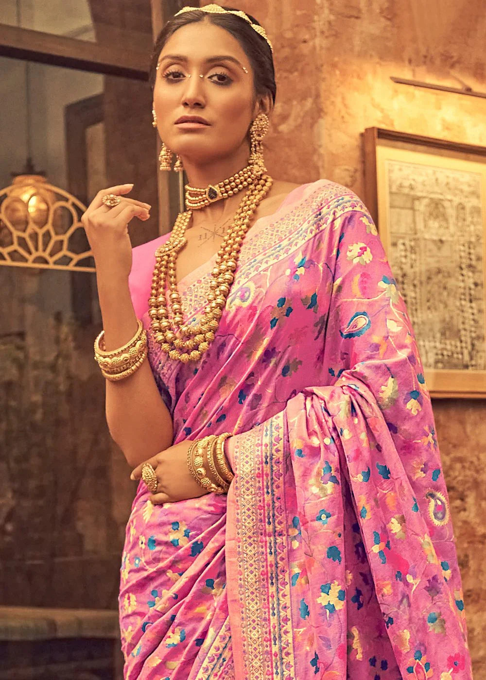 WeaveSaree Banarasi Soft Silk Saree with Kashmiri Multicolor Thread & Pure Zari Weaving – 5.5 Meters