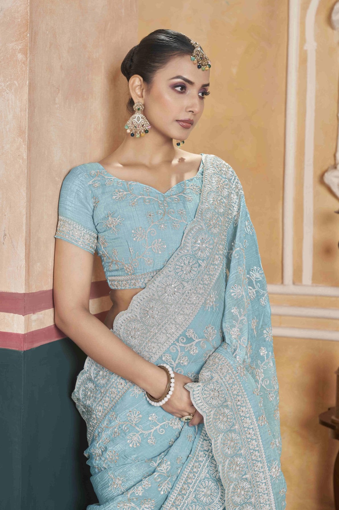 gold crunchy saree with silver jari embroidery diamond work and cutwork border with embroidered blouse