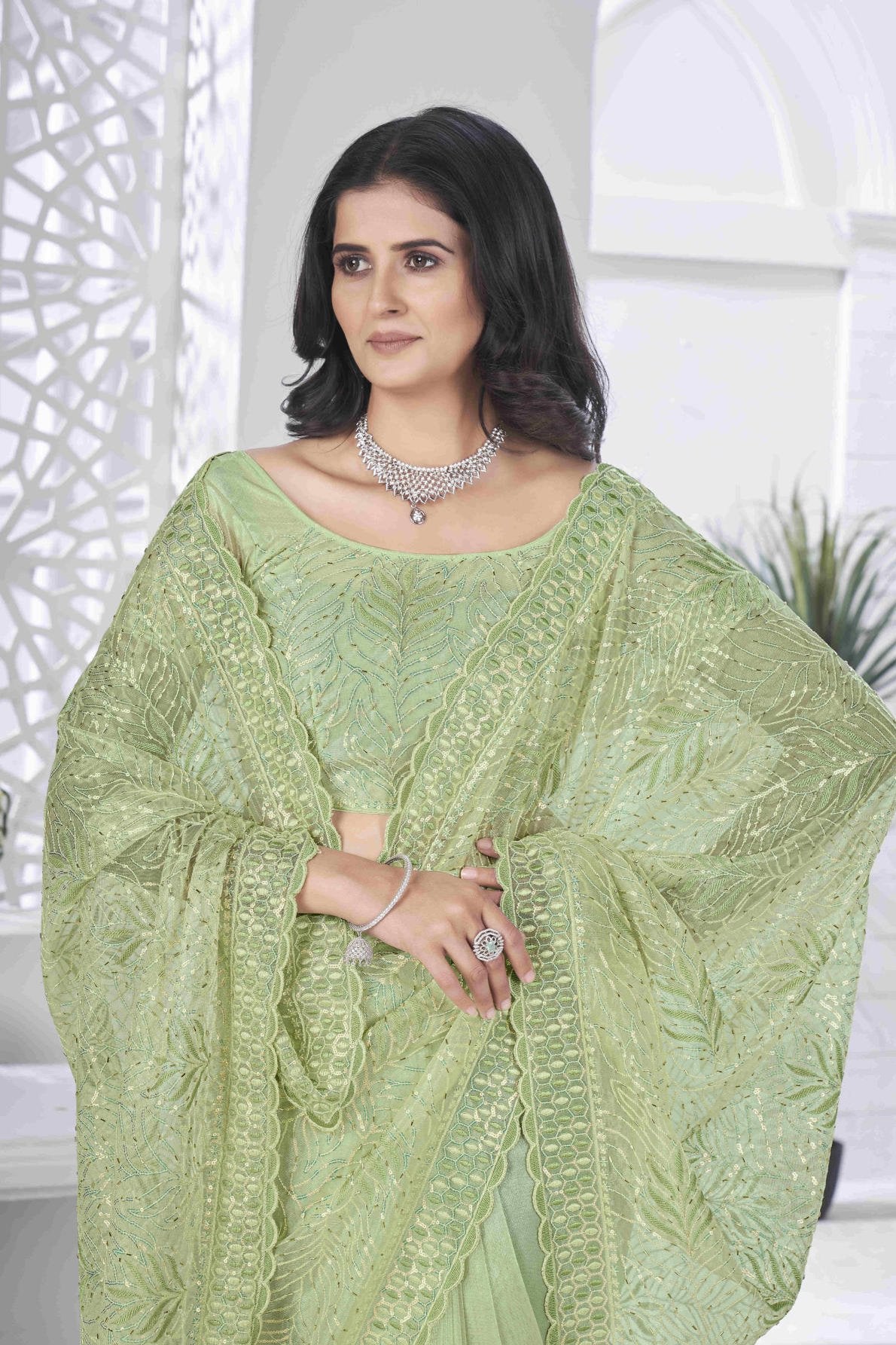 pure tissue net saree with sequins pite work multi colour embroidery and cutwork border