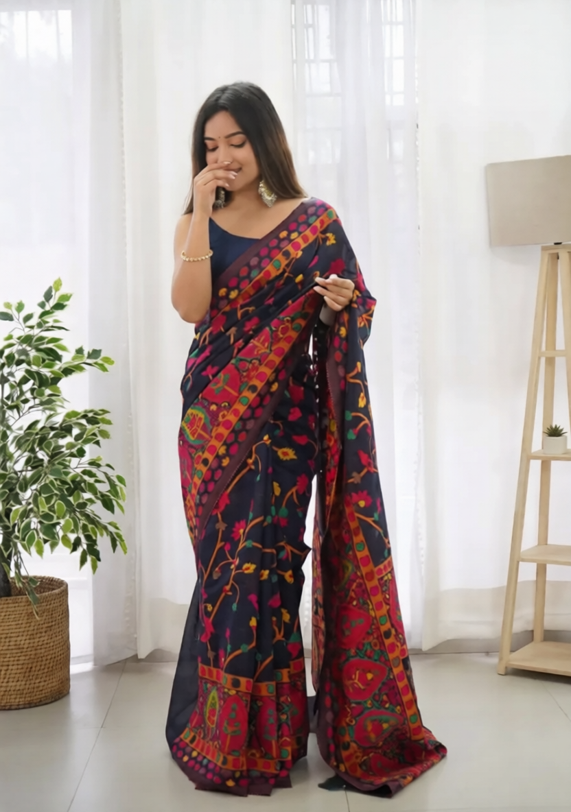 WeaveSaree Banarasi Soft Silk Saree with Kashmiri Multicolor Thread & Pure Zari Weaving – 5.5 Meters