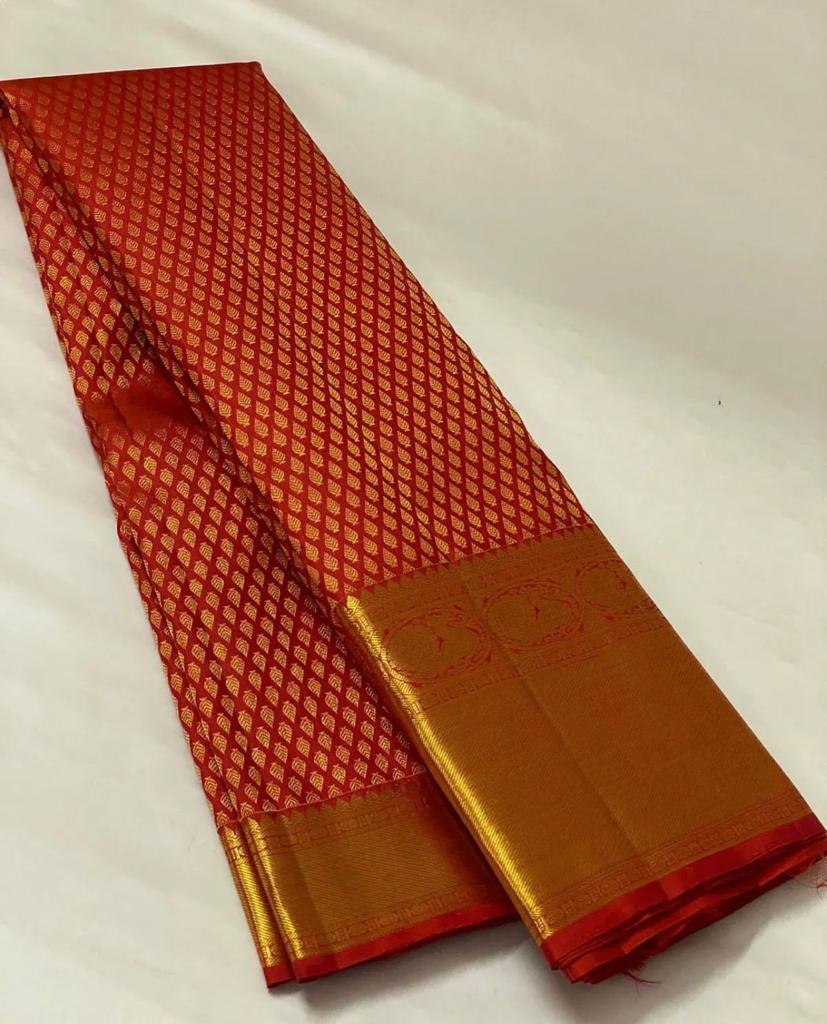 Red and gold saree with a white background