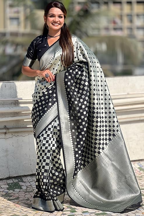 Moonlight Charm Banarasi Soft Silk Saree Silver Zari