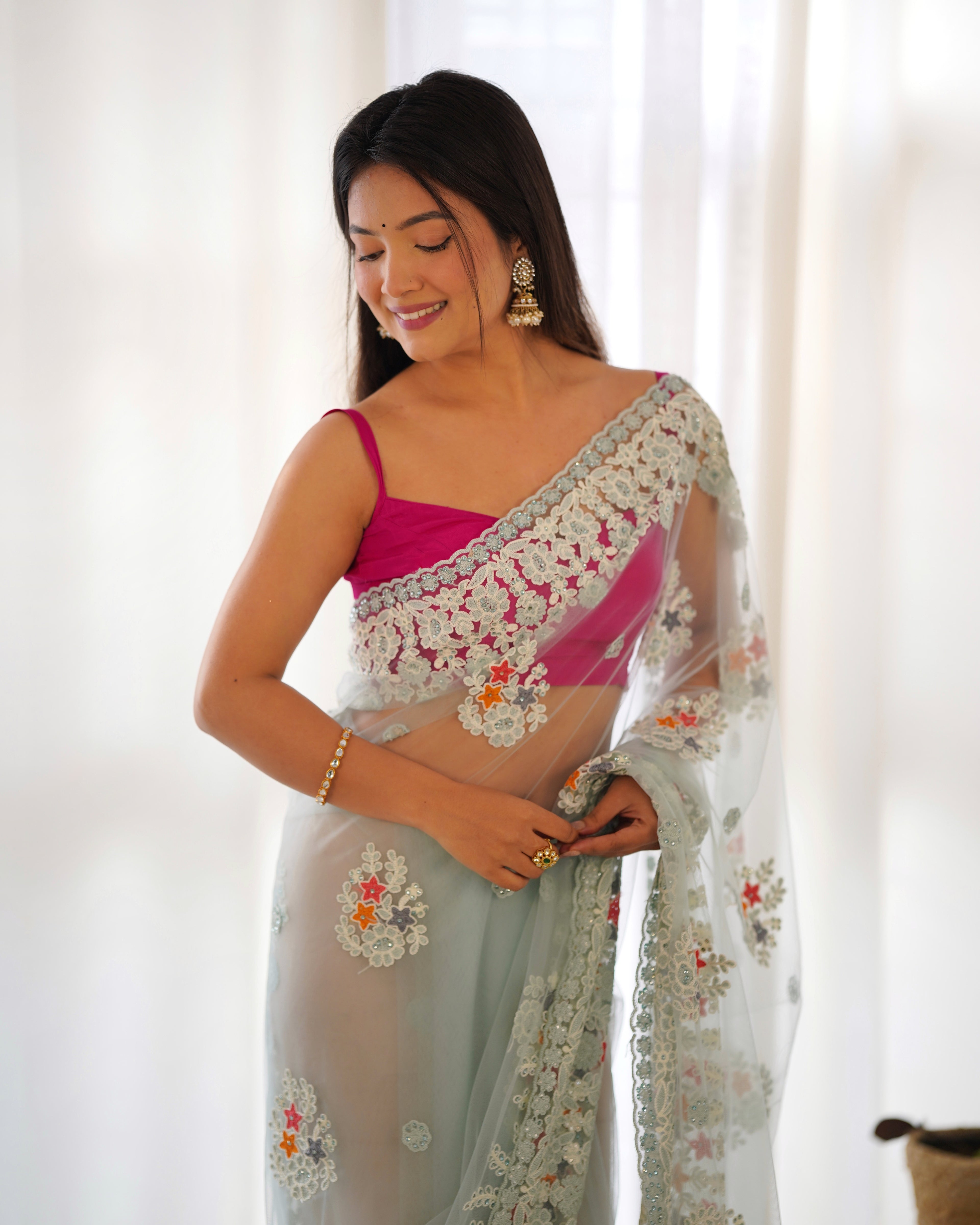 Heavy Butterfly Net Saree With Multicolor Thread Aari Embroidery And Stone Work