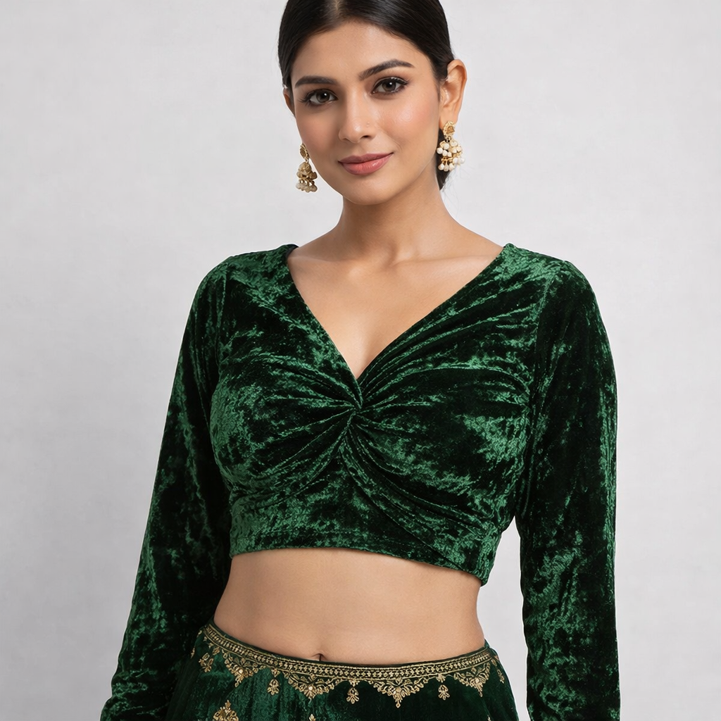 Plain Velvet Fabric Green – 1 Meter Unstitched Blouse Fabric | 44 Inch Width | 220 GSM
