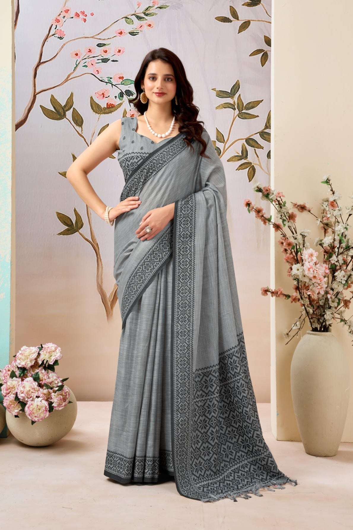 A high-quality Pure Linen by Linen Handloom Saree (6.30 meters) showcasing a traditional woven border and pallu. It includes a running Pure Linen blouse piece (0.80 meters) detailed with all-over weave buttis and a complementary border, offered as a six-piece set.
