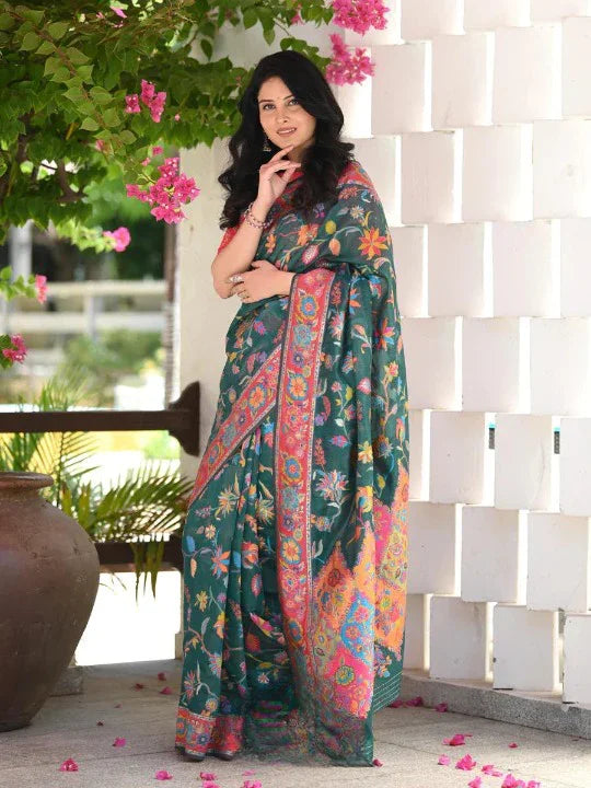 WeaveSaree Banarasi Soft Silk Saree with Kashmiri Multicolor Thread & Pure Zari Weaving – 5.5 Meters
