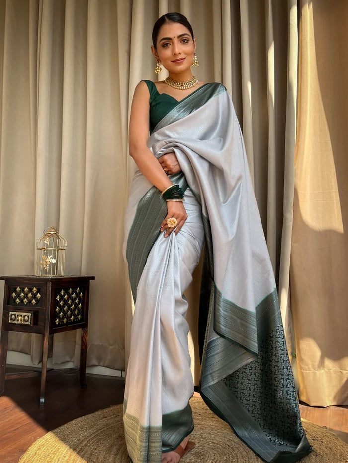 Graceful Whisper Banarasi Soft Silk Saree with Silver Zari