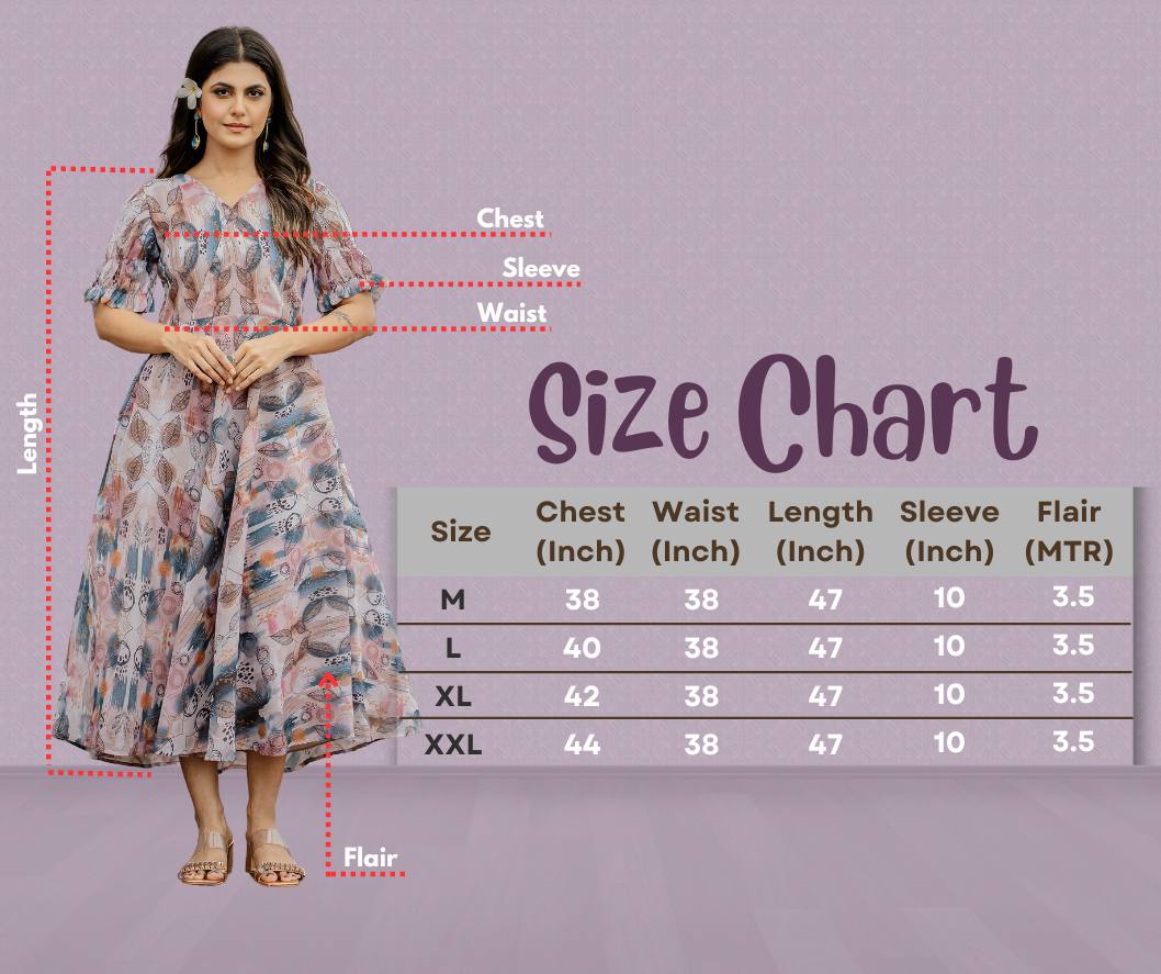 Weave faux georgette digital print designer gown with 5 meter flare and half sleeves