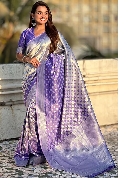 Moonlight Charm Banarasi Soft Silk Saree Silver Zari