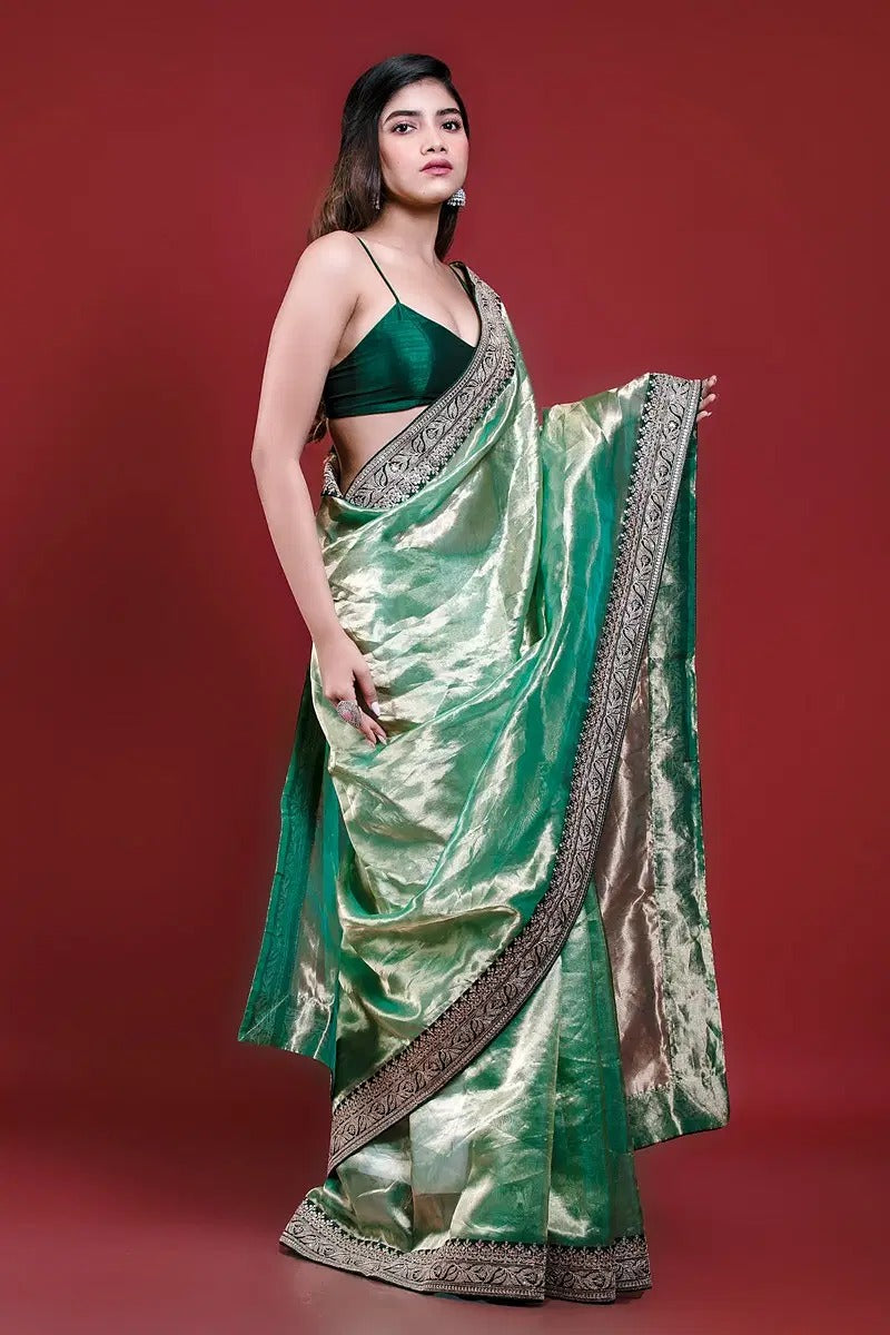 royal tissue silk saree with jari dori sequins embroidered lace border