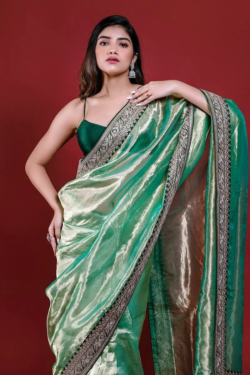 royal tissue silk saree with jari dori sequins embroidered lace border