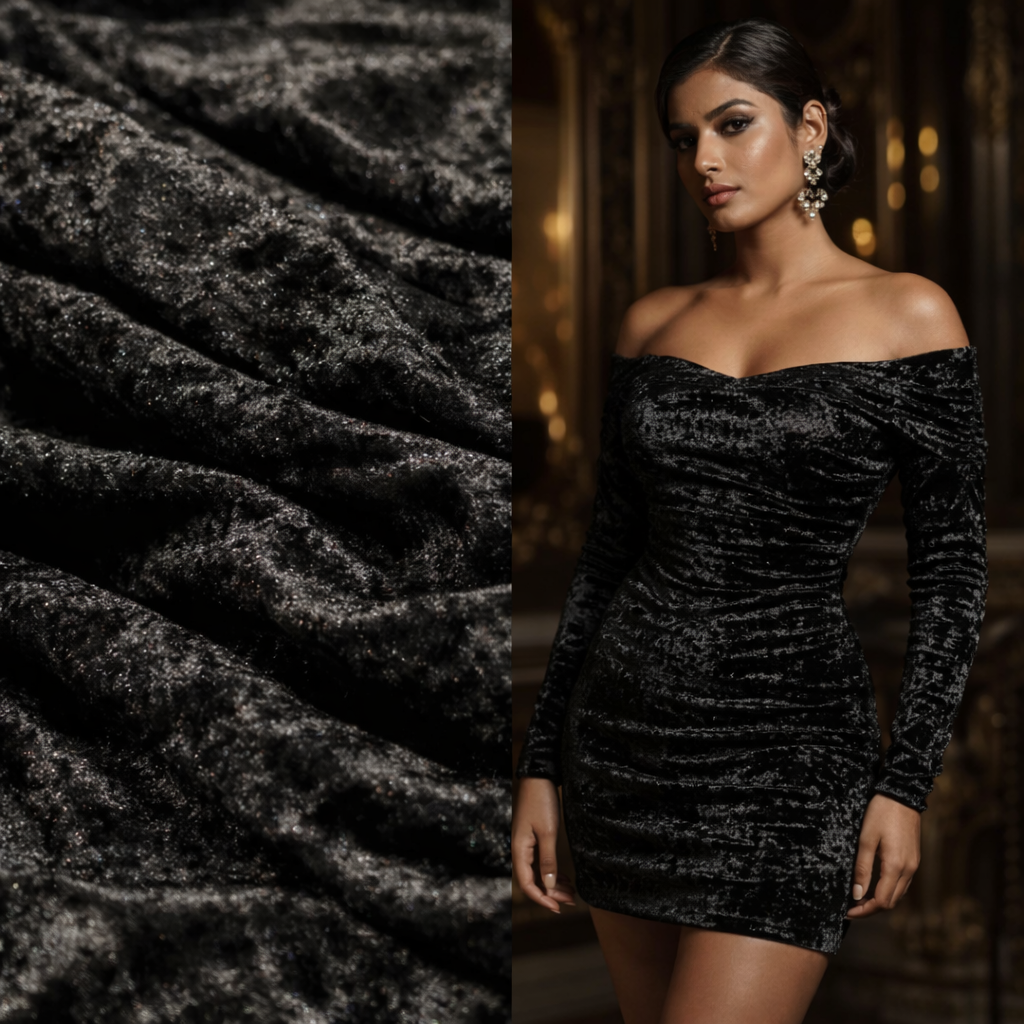 Black Crush Velvet Fabric – Premium Soft Texture | By Meter
