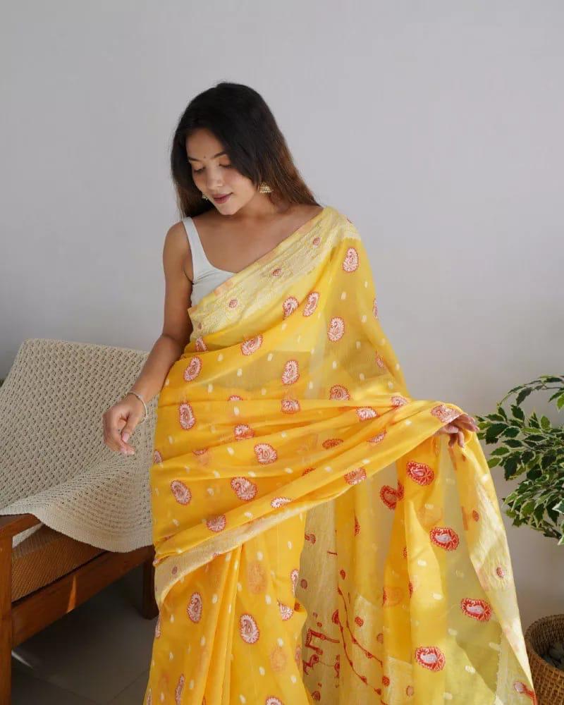 Soft Linen Cotton Silk Saree with Rich Jacquard Border & Designer Pallu
