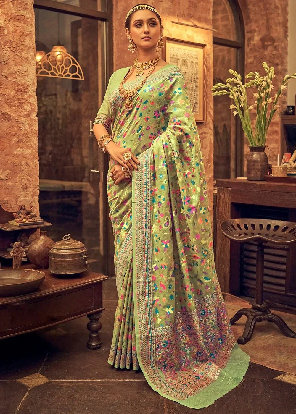 WeaveSaree Banarasi Soft Silk Saree with Kashmiri Multicolor Thread & Pure Zari Weaving – 5.5 Meters
