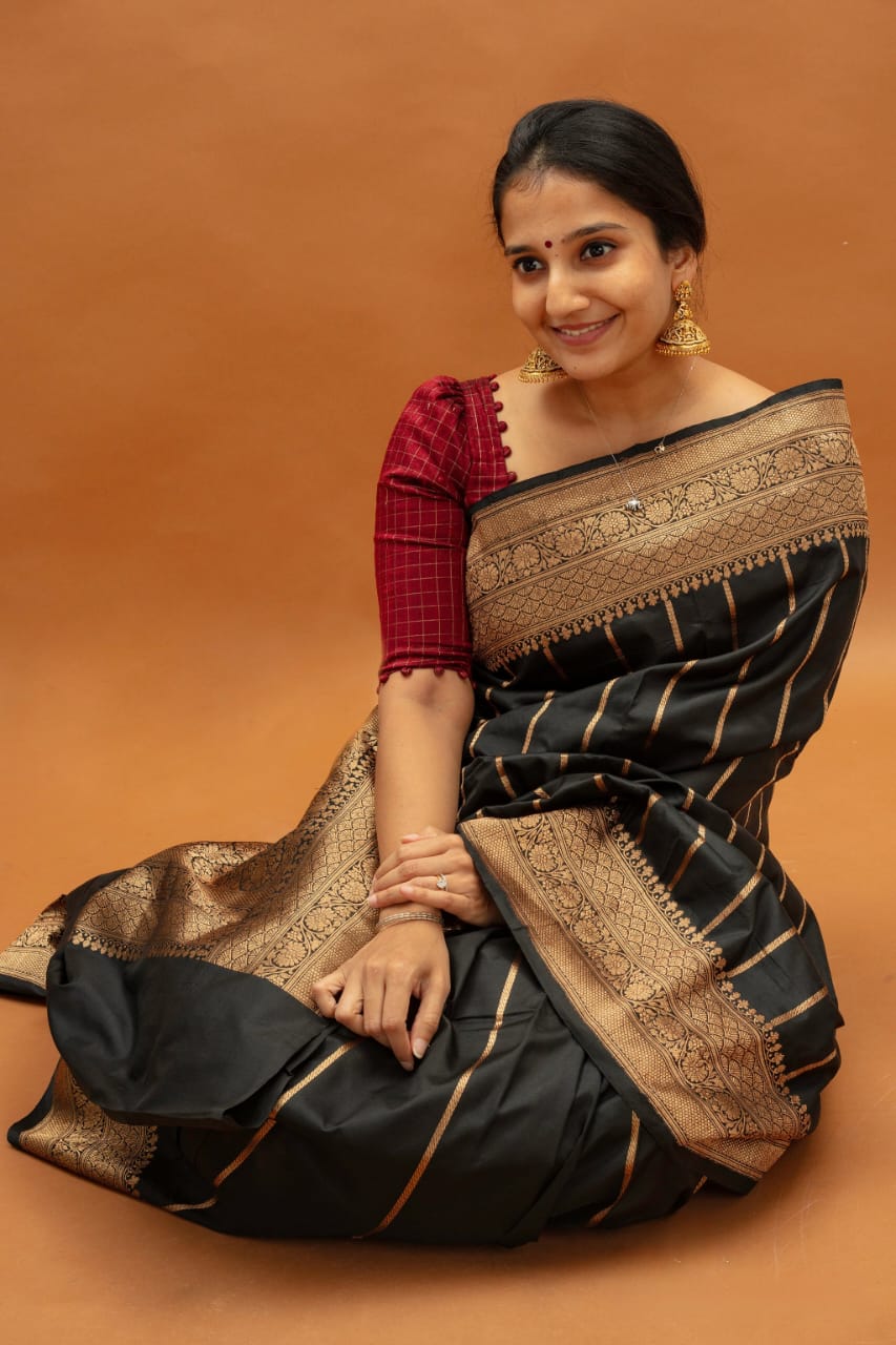 Serene Aura Banarasi Soft Silk Saree with Handwoven Copper Zari Detailing – Colour 1
