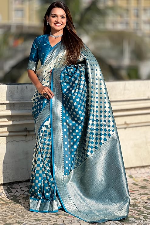 Moonlight Charm Banarasi Soft Silk Saree Silver Zari