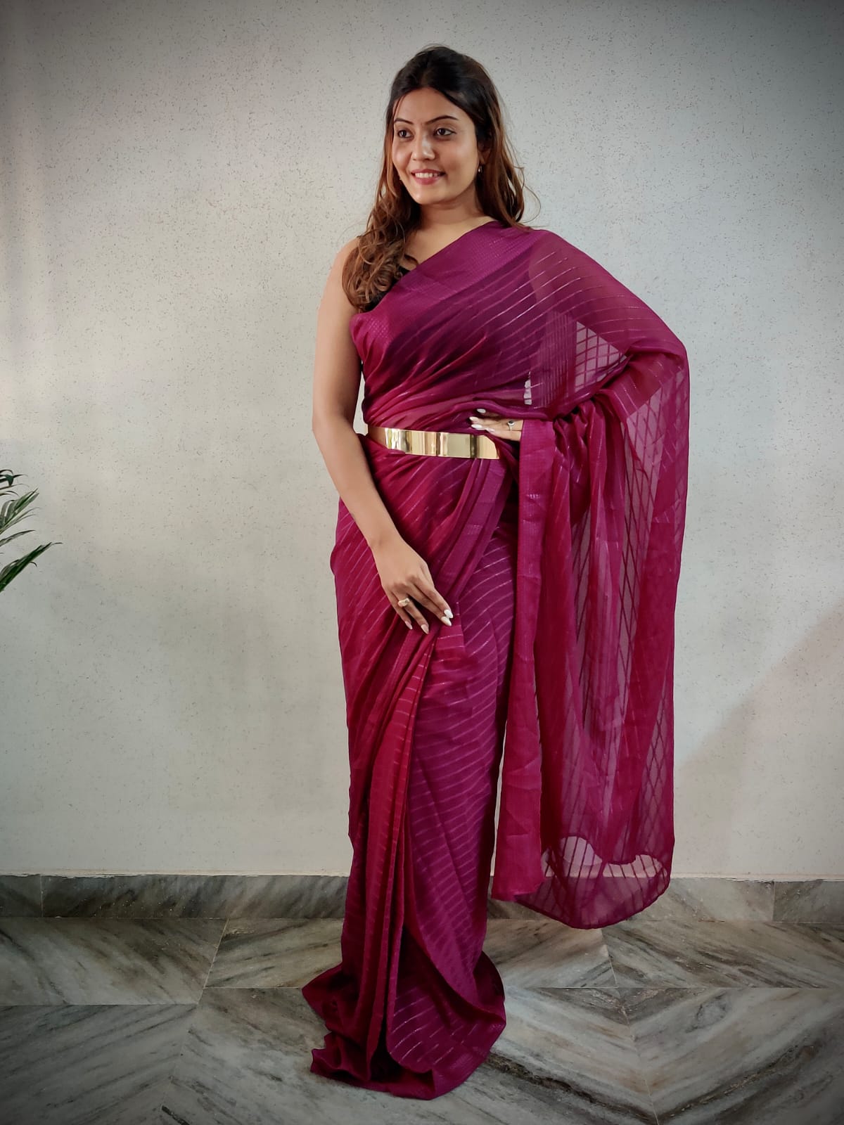 ready to wear viscose patta saree with zari lining and metal belt