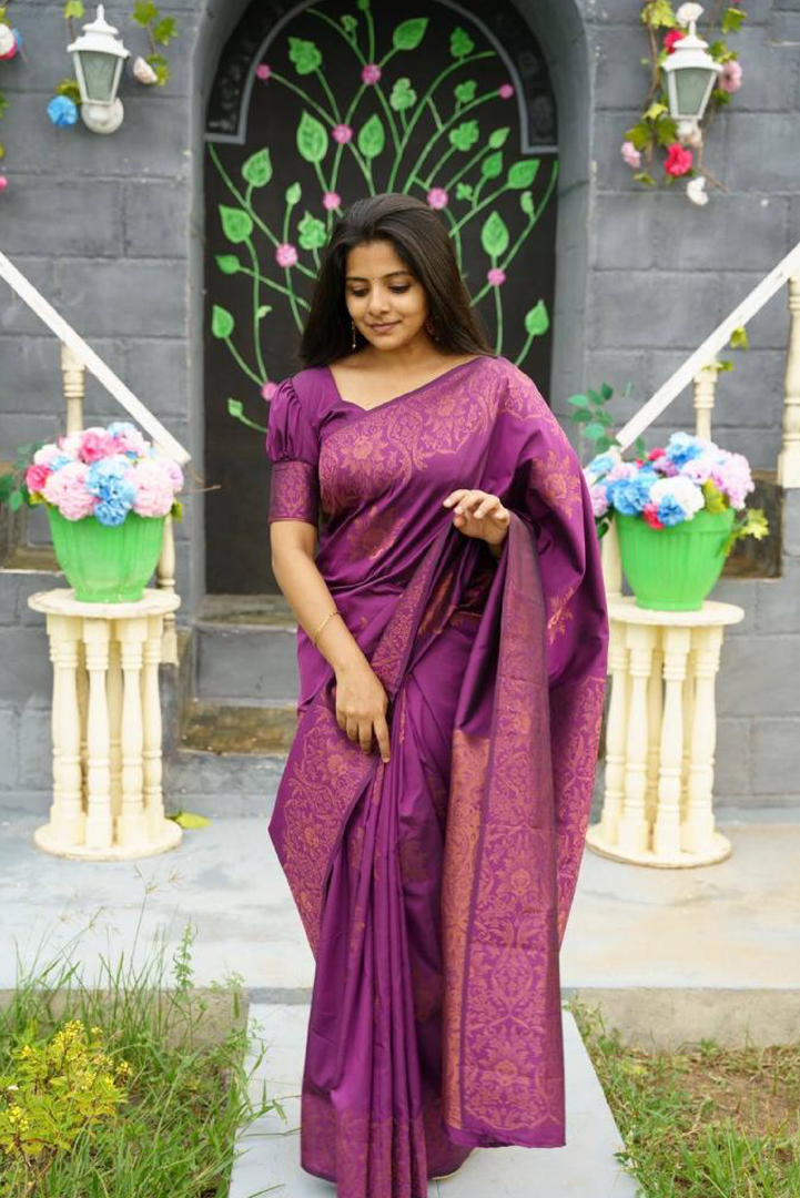 Copper Bloom Banarasi Soft Silk Saree with Copper Zari Weaving – Colour 1