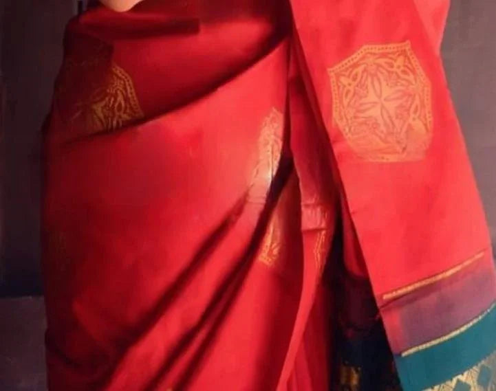 Banarasi Soft Silk Saree with Heavy Brocade & Copper-Silver Zari Weaving