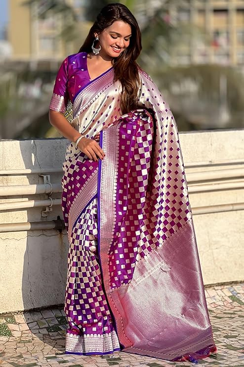 Moonlight Charm Banarasi Soft Silk Saree Silver Zari