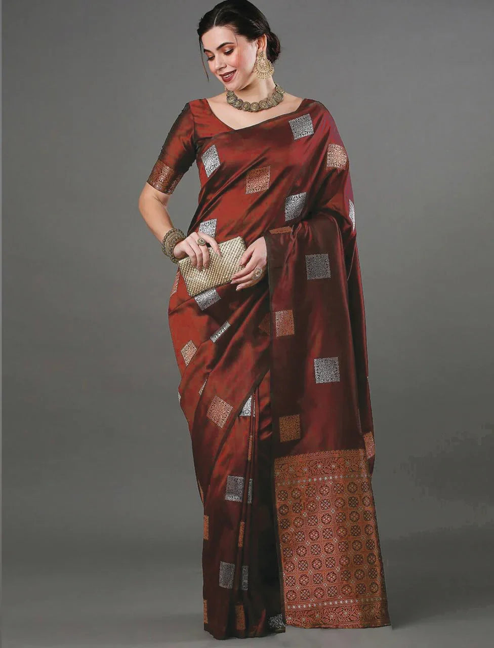 Banarasi Soft Silk Saree with Heavy Brocade & Copper-Silver Zari Weaving – 5.5 Meters