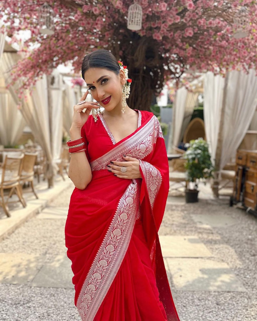 Antique Banarasi Soft Silk Saree with Heavy Brocade & Silver Zari – Colour 1