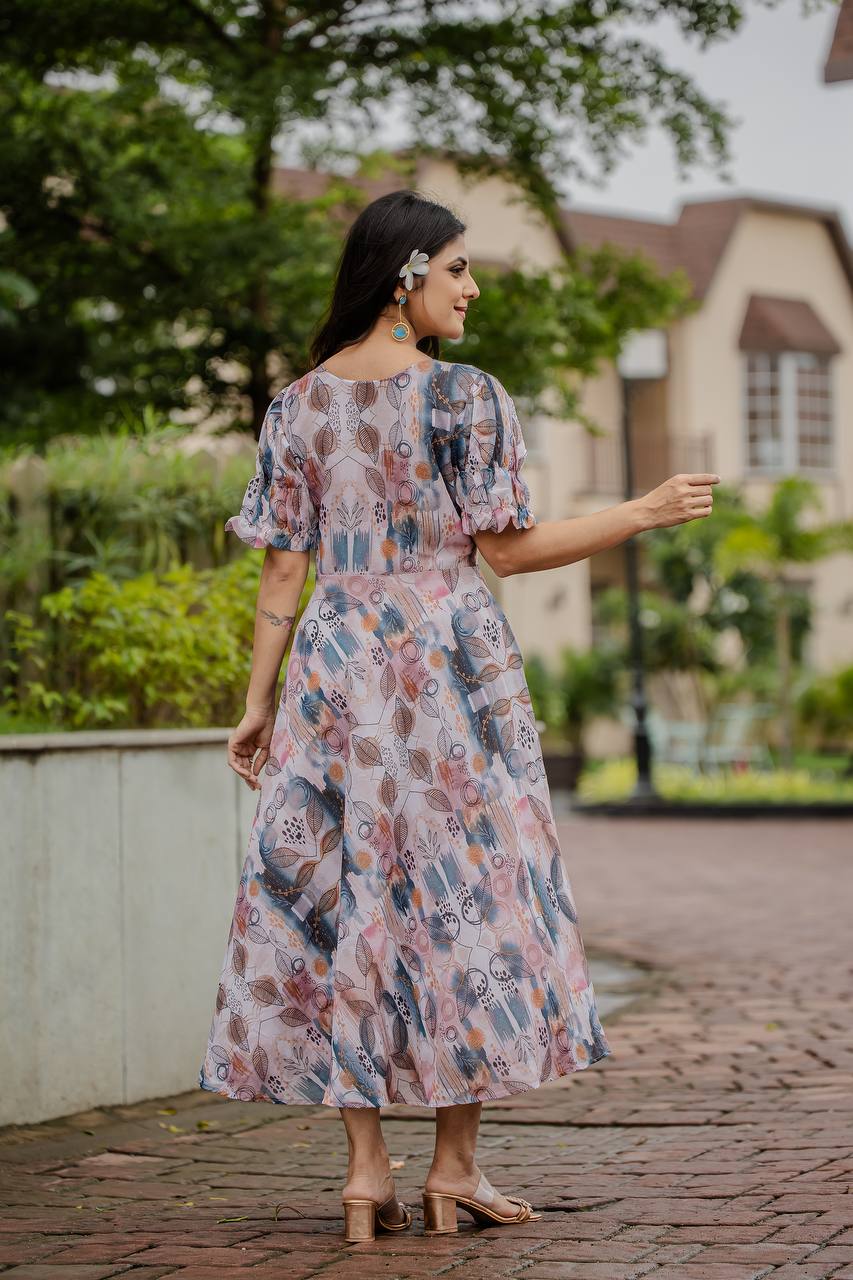 Weave faux georgette digital print designer gown with 5 meter flare and half sleeves