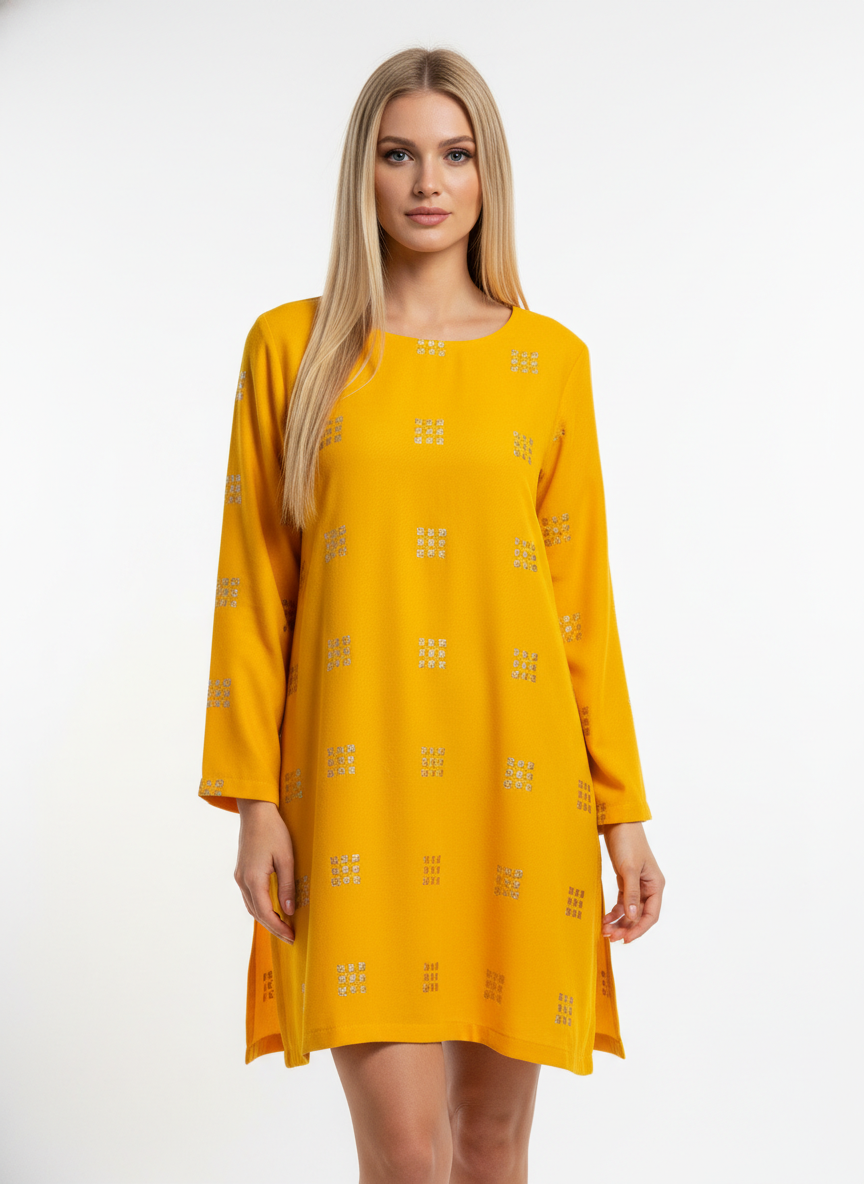 Yellow Square Embroidery Velvet Fabric – Designer Work | 1 Meter