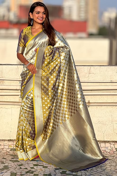 Moonlight Charm Banarasi Soft Silk Saree Silver Zari