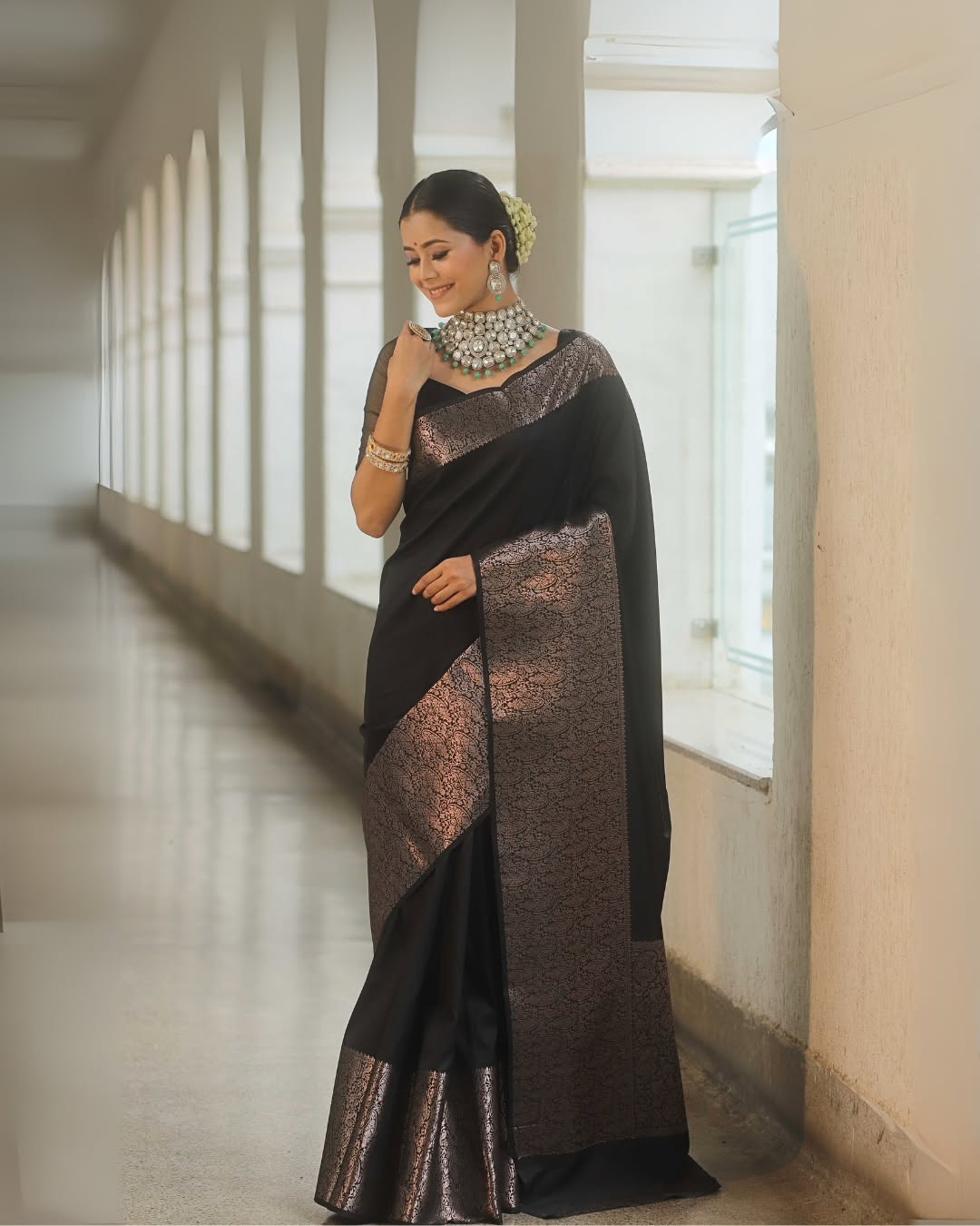 Opulent Charm Banarasi Soft Silk Saree with Copper Zari Weaving – Colour 1