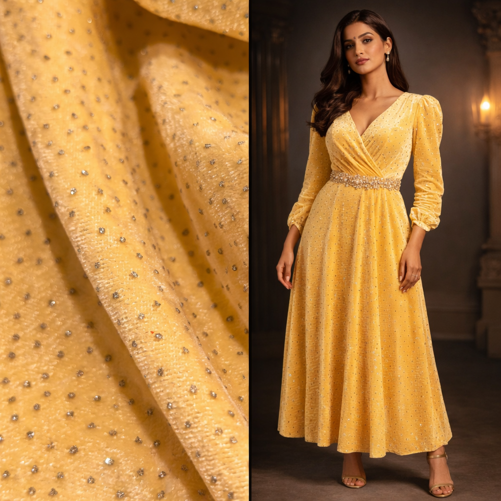 Gold Sparkle Velvet Fabric – Premium Shimmer Finish | 1 Meter