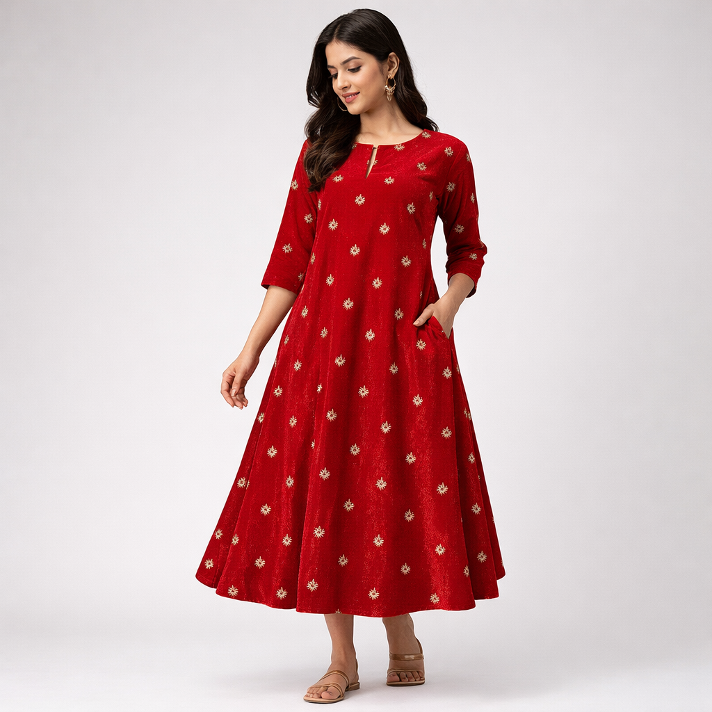 Red Star Embroidery Fabric – Designer Embroidered Fabric for Lehenga, Blouse & Kurti – 44 Inch Width – 1 Meter