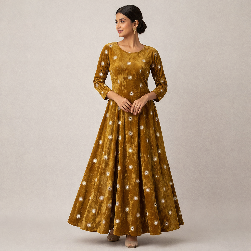 Mustard Star Embroidery Fabric – Designer Embroidered Fabric for Lehenga, Blouse & Kurti – 44 Inch Width – 1 Meter