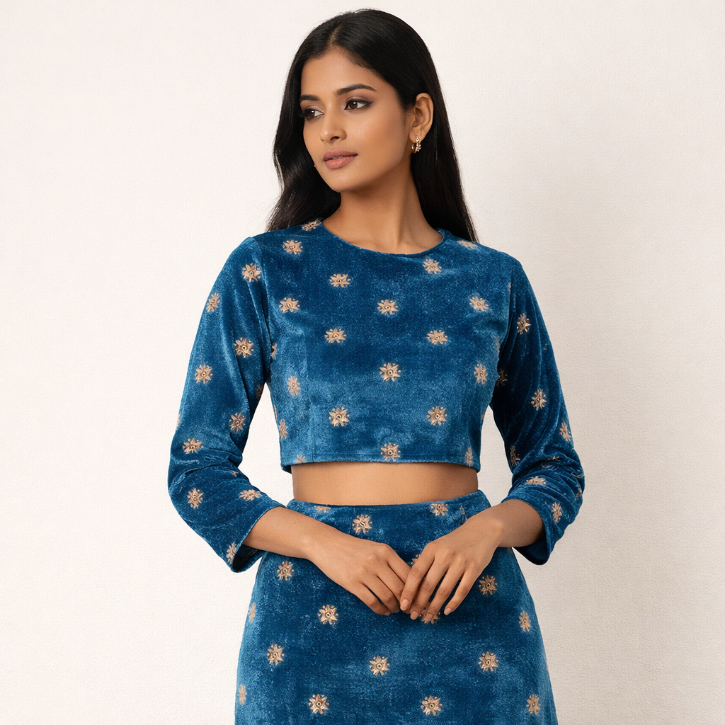 Sky Blue Star Embroidery Fabric – Designer Embroidered Fabric for Lehenga, Blouse & Kurti – 44 Inch Width – 1 Meter