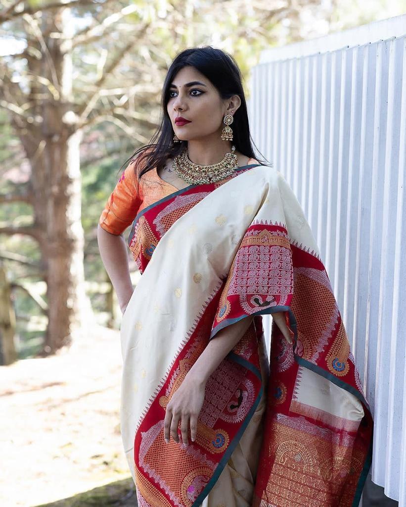Regal Off-White & Red Hand-Crafted Banarasi Silk Saree