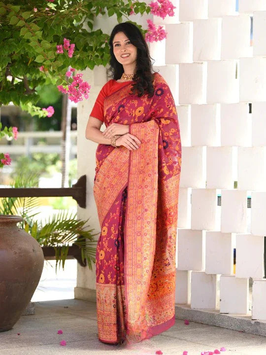 WeaveSaree Banarasi Soft Silk Saree with Kashmiri Multicolor Thread & Pure Zari Weaving – 5.5 Meters