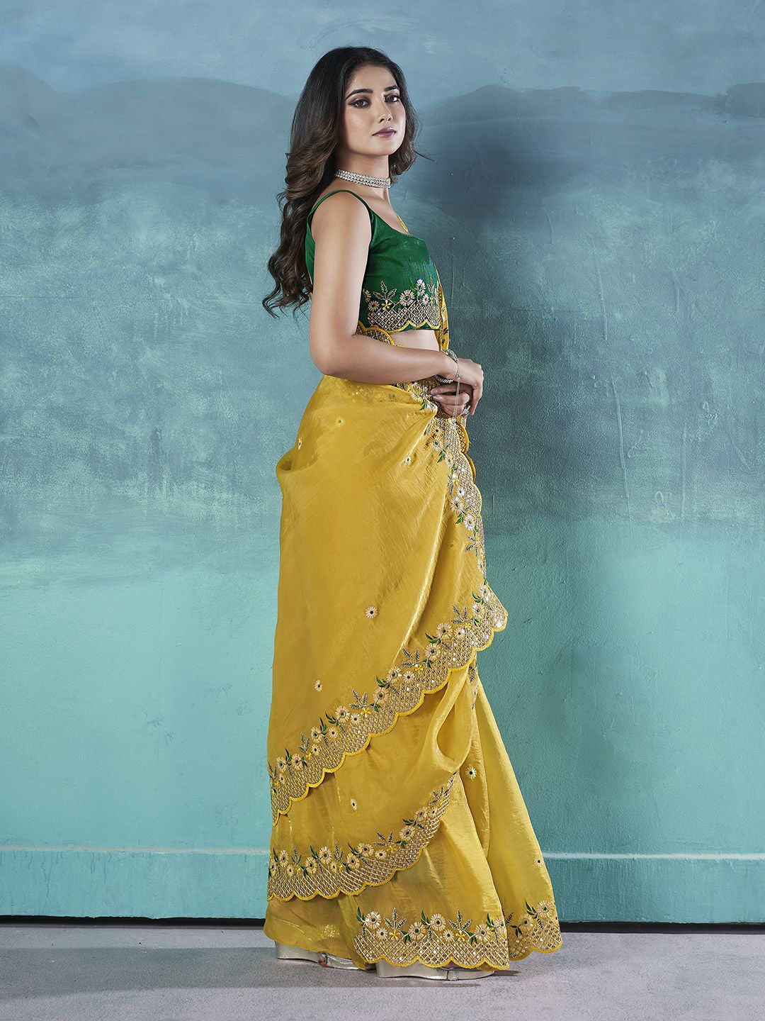 WEAVE Gold Crunchy Silk Floral Embroidered Saree with Cutwork Border and Mono Diamond Silk Blouse