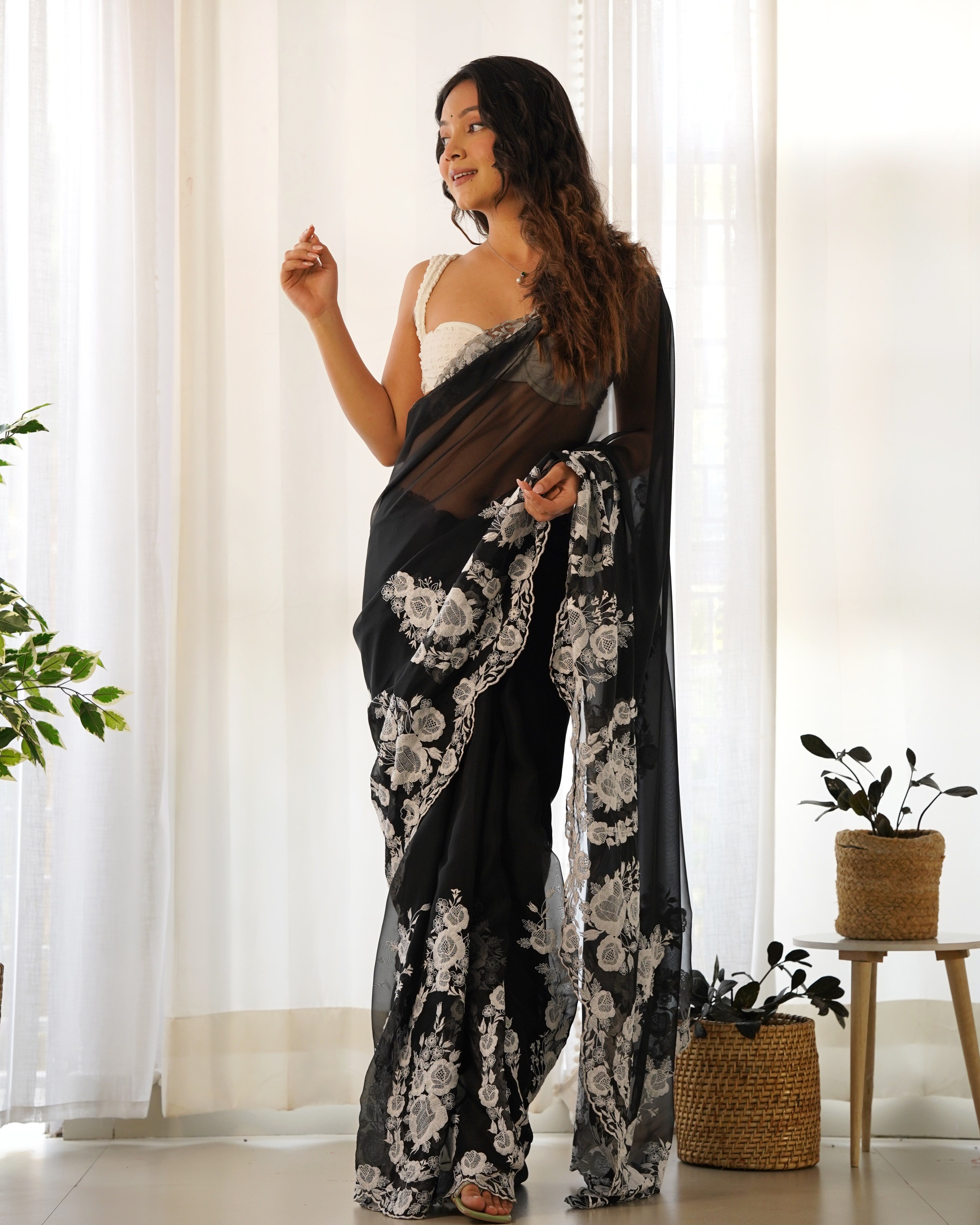 thai organza silk saree with thread and cutdana embroidery