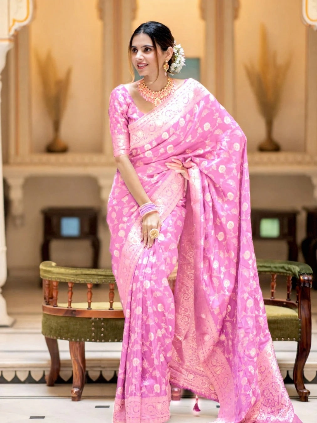 The Grandeur Saree: Colour 7 Soft Banarasi Silk with Heavy Gold Brocade