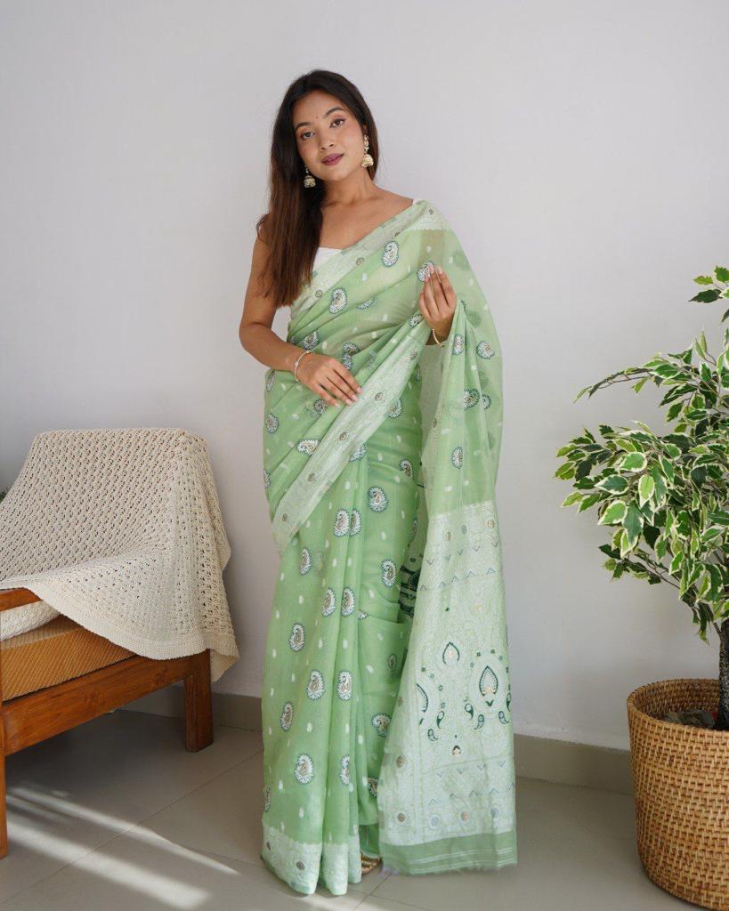 Soft Linen Cotton Silk Saree with Rich Jacquard Border & Designer Pallu