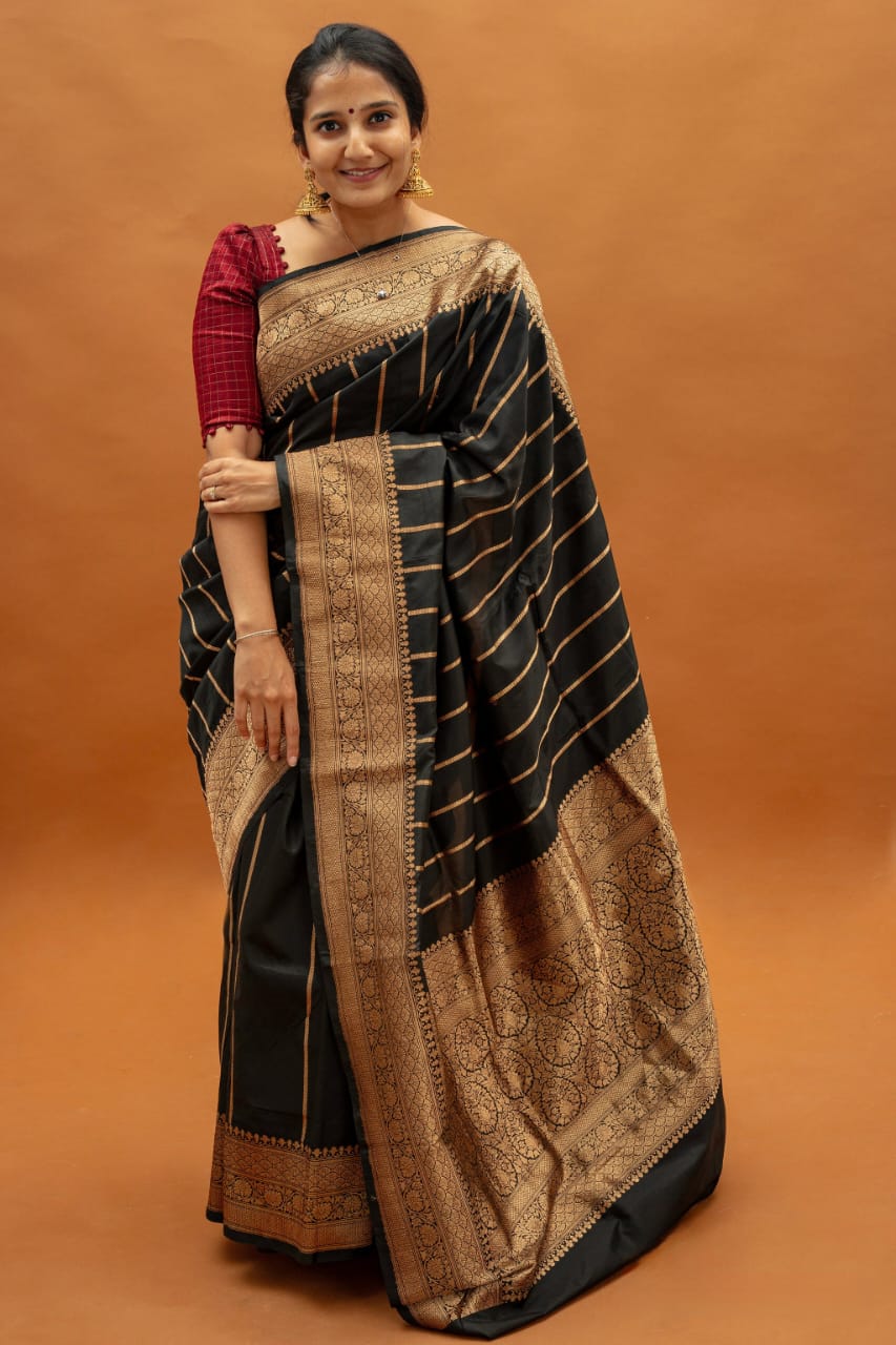 Serene Aura Banarasi Soft Silk Saree with Handwoven Copper Zari Detailing – Colour 1