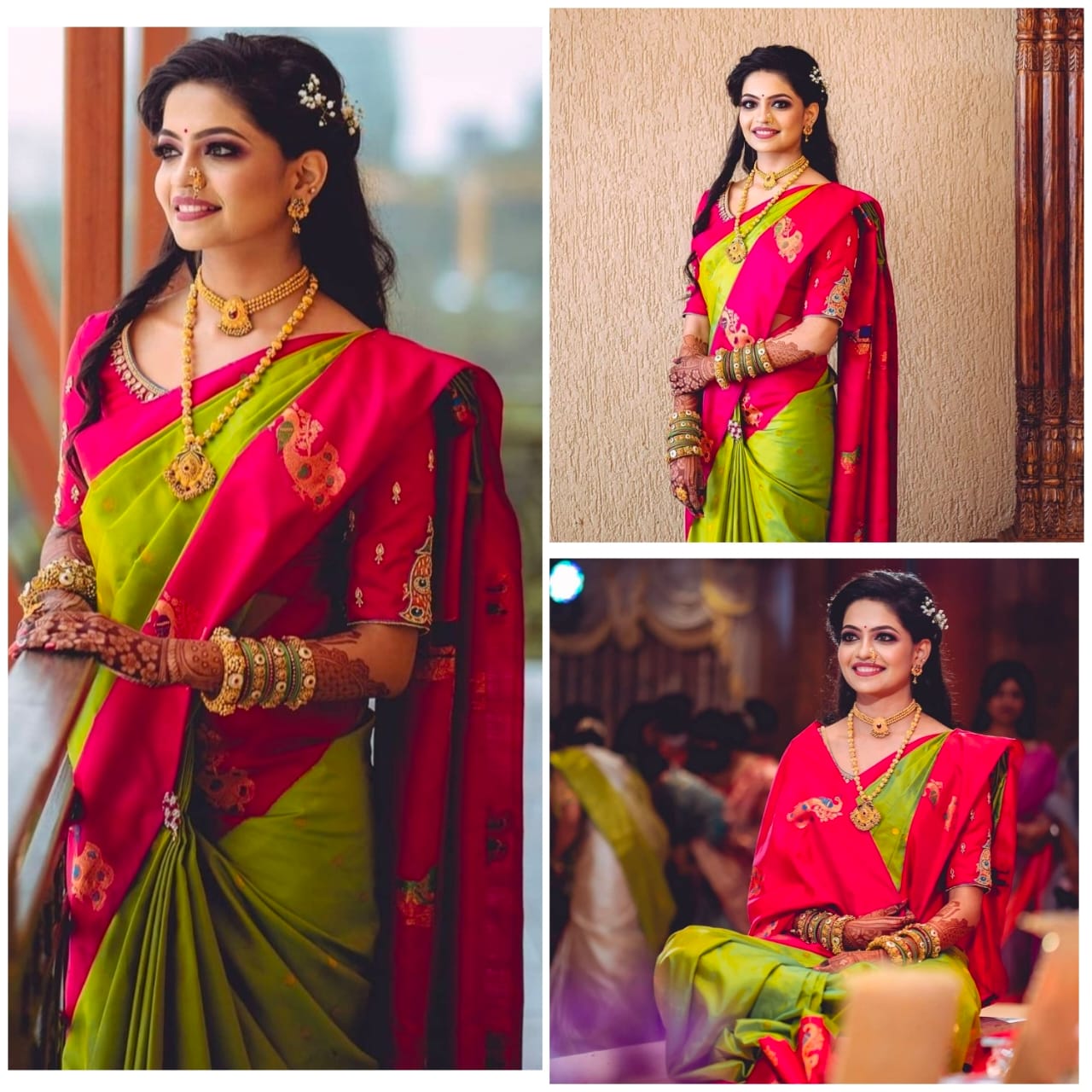 Radiant Soft Lichi Silk saree in lime green with subtle self-weaves, featuring a vibrant fuchsia pink pallu and border with intricate gold zari motifs, worn by a smiling woman on a balcony